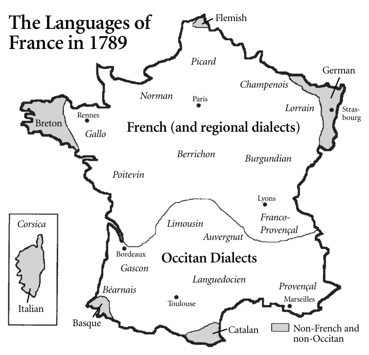 The languages of France in 1789. The dialects today referred to as Occitan are branches of a distinct Romance language closely related to Catalan. [@france_map]